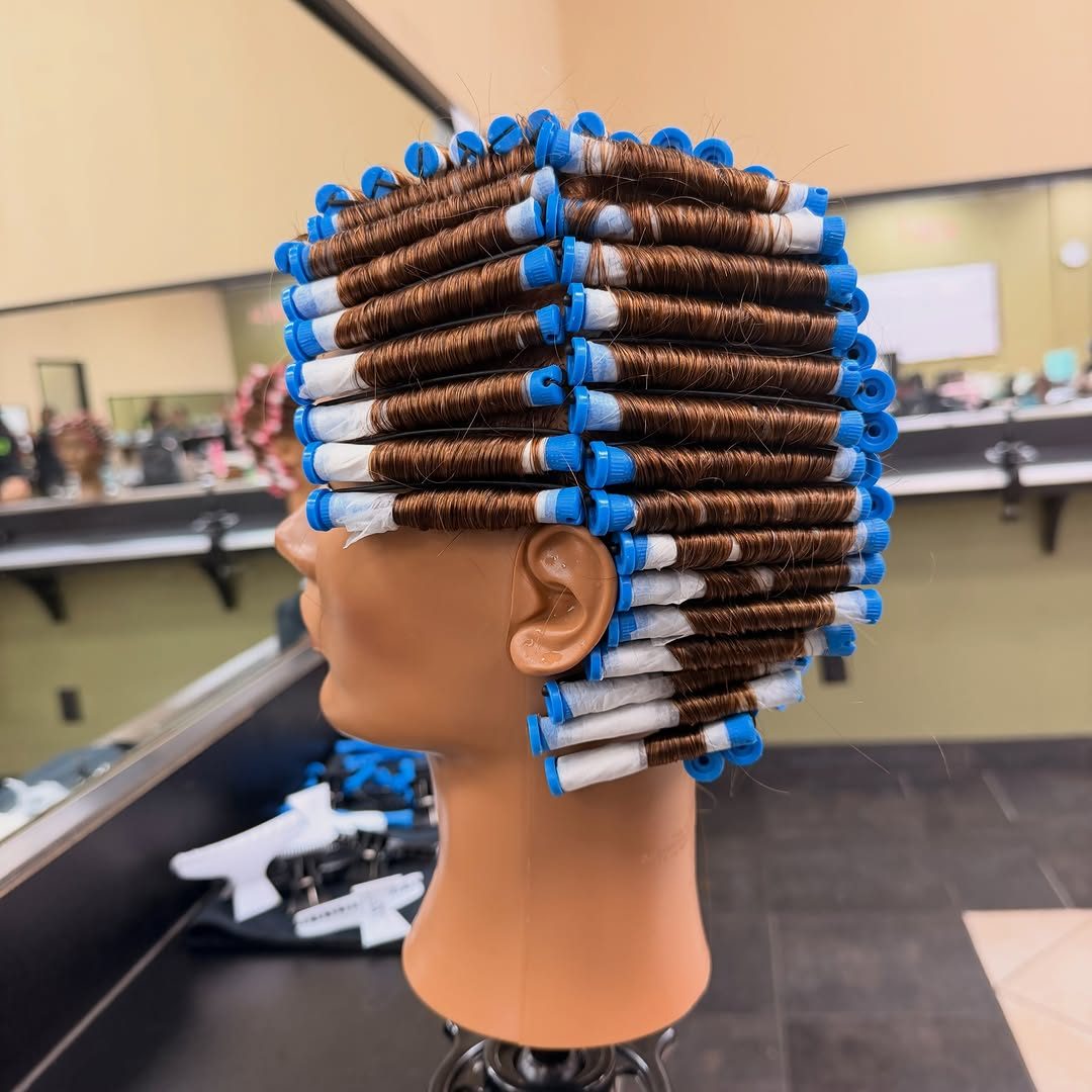 Perm rods set on a mannequin head